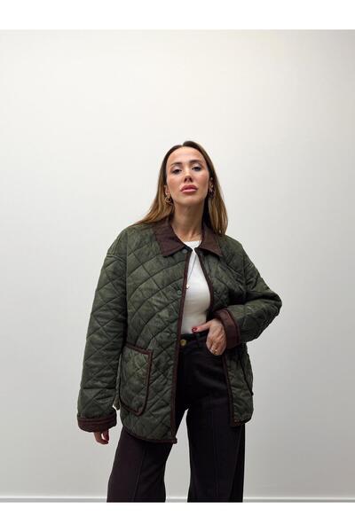 Maldia Shop Women's Vera Velvet Collar Khaki Quilted Coat