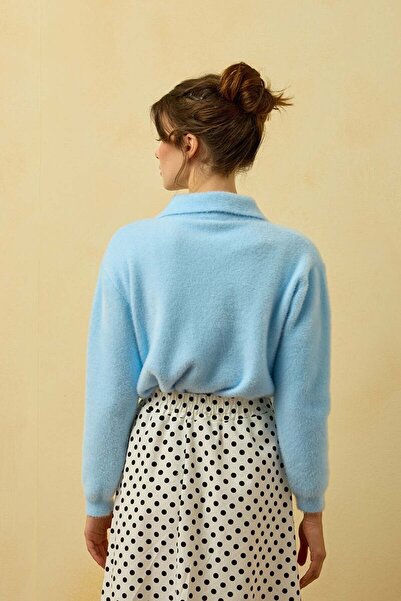 Ceylan Otantik Μαλακή μπλε βελούδινη ζακέτα με γιακά πόλο