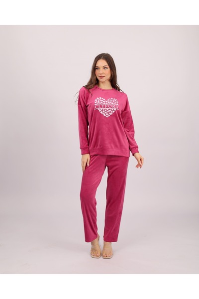 Clyfora طقم بيجامة مخملية على شكل قلب