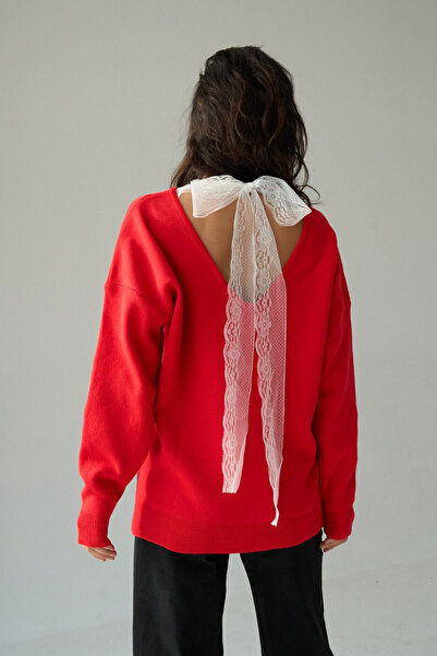 LOOSH Kadın Kırmızı V Yaka Dantel Bağlama Detaylı Kazak