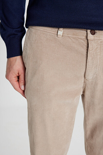 ALTINYILDIZ CLASSICS Ανδρικό μπεζ βαμβακερό παντελόνι εφαρμοστό με στενή εφαρμογή με βελούδινη ελαστική τσέπη στο πλάι