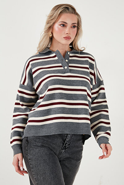 Lela Striped Oversized Fit Buttoned Polo Neck Sweater Polo Neck Sweater 4615259