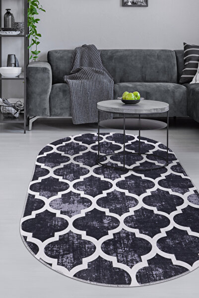 Dijidekor Digital Oval Fringeless Carpet Modern Designed Black Color Erasable Runner 60X650