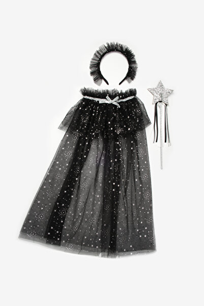 Le Mabelle Black Silver Star Patterned Girl's Cape Staff and Crown Set