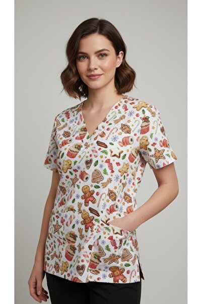 DEMOTEKS Medical Elastane Blouse with Printed, Women - Scrub Top Uniform Cookie Dream