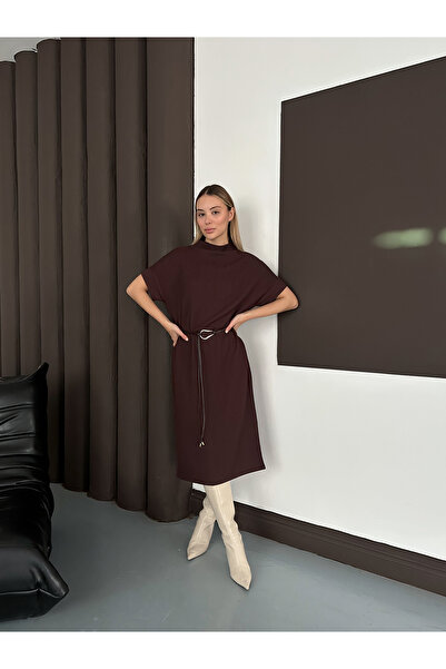 MODAMERSİ Women's Brown Mock Neck Belted Short Sleeve Dress