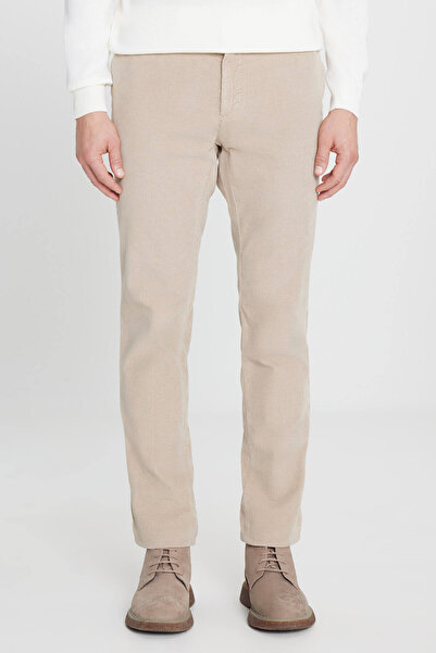 ALTINYILDIZ CLASSICS Ανδρικό μπεζ εφαρμοστό ελαστικό παντελόνι με βελούδινο λουράκι μέσης με πλαϊνή τσέπη