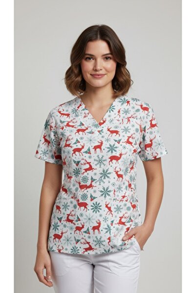 DEMOTEKS Tricou Reni Roșii de Crăciun - T-Shirt Alb cu Decolteu în V, Reni Festivi și Fulgi de Zăpadă