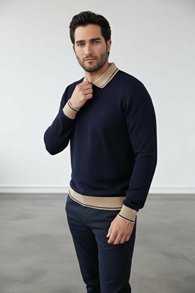 Sarar Πουλόβερ πλεκτό με γιακά πόλο σε συνδυασμό με μπλε ναυτικό χρώμα