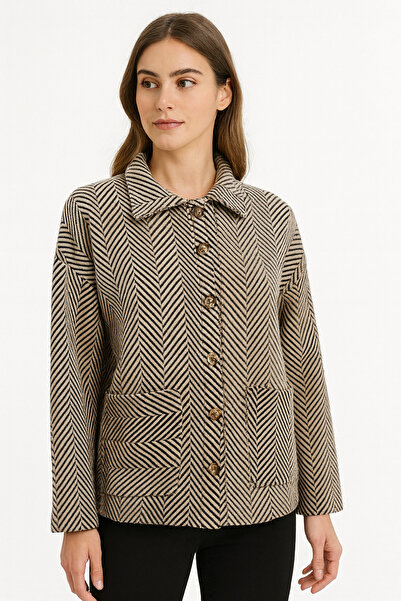 Nuevo Jachetă maro pentru femei cu model chevron și buzunare cu nasturi -