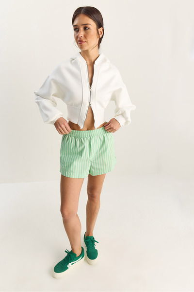 Bianco Lucci Women's Zippered Hooded Waist-Fitted Stretchy Knitted Crop Sweatshirt 60283858