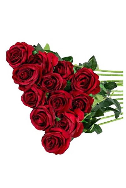 NKX 12 قطعة من زهور الحرير الاصطناعية الوردية الحمراء