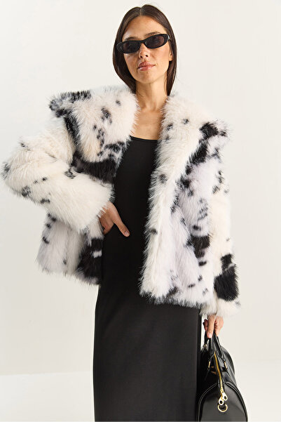 Bianco Lucci Women's Cow Patterned Lined Faux Fur Jacket 3489 60283866