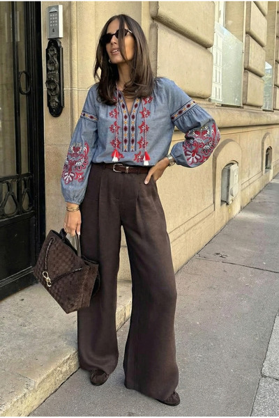 FEMELLE Women's Blue Vintage Blouse with Floral Embroidery on the Sleeves and Collar