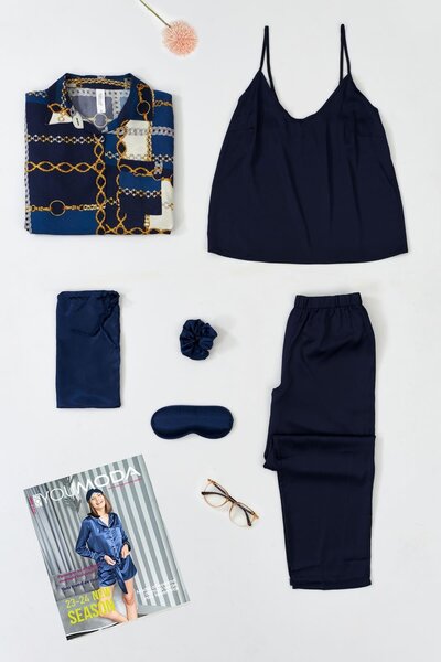 FOR YOU MODA 6-teiliges Pyjama-Set mit marineblauem Kettenmuster für drinnen und draußen