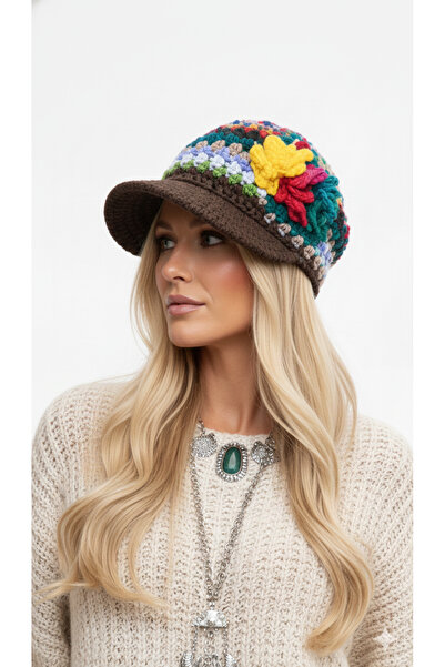 drt tasarım Siperli Çok Renkli Bohem Kışlık Şapka Çiçek Dekoreli