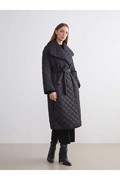 LC Waikiki Modest Black Jacket Collar Quilted Women's Puffer Coat