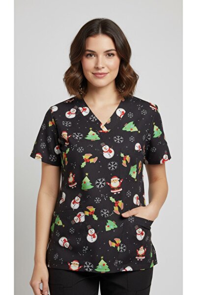 DEMOTEKS Women's Printed Elastane Medical Blouse - Scrub Top Santa Claus Uniform - Merry Santa