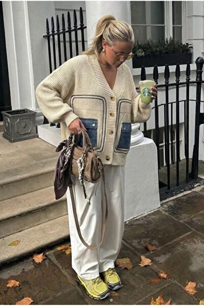 FEMELLE Women's Beige Standard Size Buttoned Oversize Knitwear Cardigan with Denim Pockets