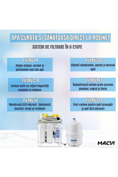 MACVI Filtru apă Macvi® osmoză inversă, 6 filtre, pompă booster, rezervor 12L, remineralizare apa