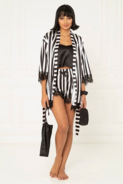 FOR YOU MODA 6-teiliges Set aus schwarz-weiß gestreiftem Satin-Tanktop und Shorts