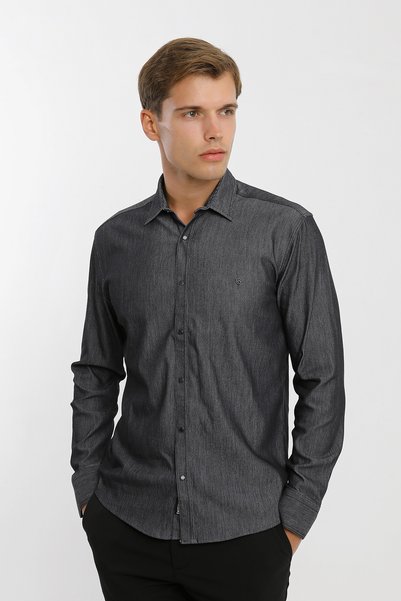 Smc by Semco Small Collar Snap Fastener Stretch Fabric Denim Look Long Sleeve...