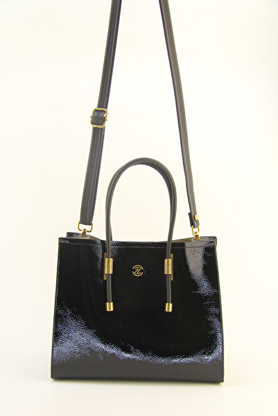 HNB Women's Black Patent Leather Medium Size Handbag