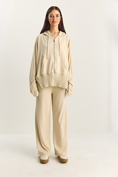 Bianco Lucci Women's Ribbed Oversized Hooded Zippered Sweat Wide Leg Comfort Pants Set 4038 60283855