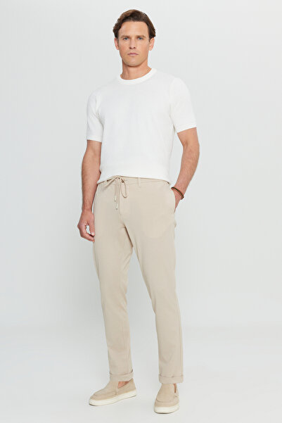 ALTINYILDIZ CLASSICS Ανδρικό μπεζ βαμβακερό παντελόνι εφαρμοστό με λεπτή εφαρμογή, δεμένη μέση, ελαστικό παντελόνι με πλαϊνές τσέπες