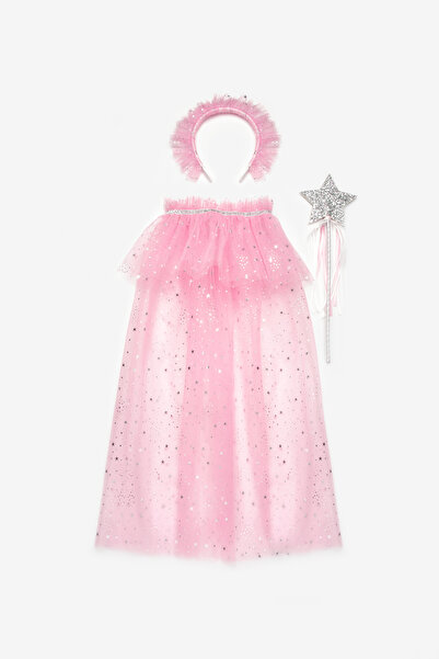 Le Mabelle Pink Silver Star Patterned Girl's Cape Staff and Crown Set