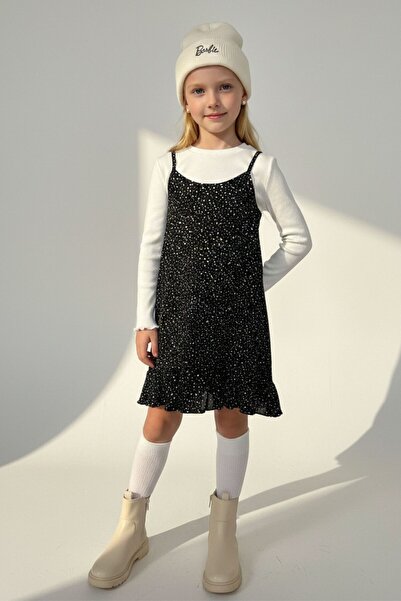 Kübra Tekstil Girl's Black Polka Dot Ruffle Gilet Dress Long Sleeve Corded Fabric Bodysuit 2-Piece Set- Girl's Set