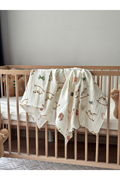 MİLNA BABY&KİDS 100% Cotton Two-Layer Christmas Muslin Blanket - New Year's Fairy Tale Patterned Blanket 90*110cm
