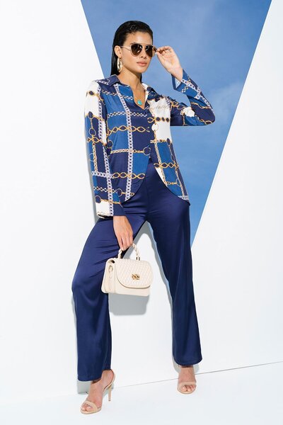 FOR YOU MODA 6-teiliges Satin-Set mit Kettenmuster: Bluse und Bustier in Marineblau