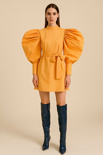 ALYEL NAKER Taft Short Dress with Belted & Structured Balloon Sleeve Detail