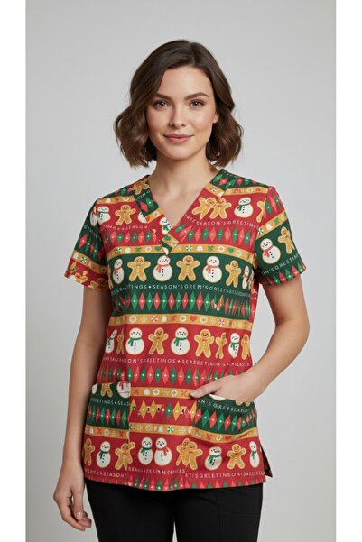 DEMOTEKS Tricou de Craciun Turtă Dulce - T-Shirt Dungi Roșii-Verzi cu Decolteu în V