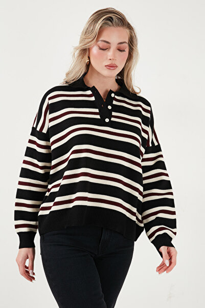 Lela Πουλόβερ με ριγέ λαιμόκοψη με κουμπιά oversized Fit POLO COLLAR SWEATER 4615259