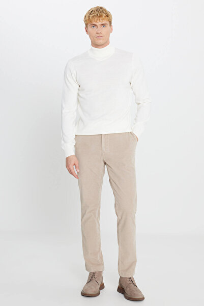 ALTINYILDIZ CLASSICS Ανδρικό μπεζ εφαρμοστό ελαστικό παντελόνι με βελούδινο λουράκι μέσης με πλαϊνή τσέπη