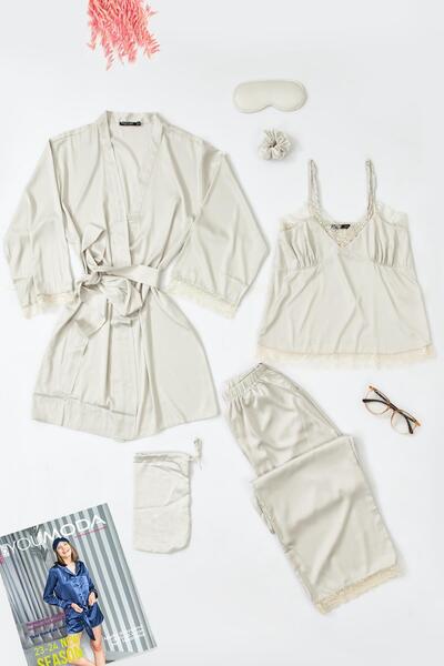 FOR YOU MODA 6-teiliges Nachtwäsche-Set mit Spitzenbesatz in Grau