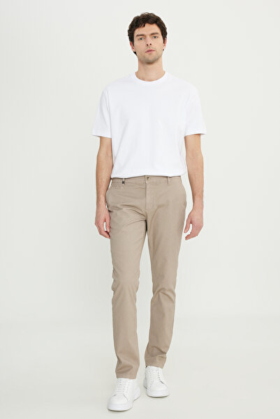 ALTINYILDIZ CLASSICS Men's Beige Cotton Slim Fit Slim Fit Side Pocket Dobby Stretch Casual Trousers