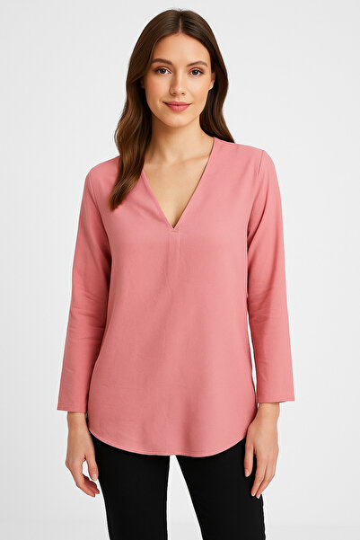 Nuevo Γυναικεία μακρυμάνικη μπλούζα σε ροζ απόχρωση πούδρας με V λαιμόκοψη κα...