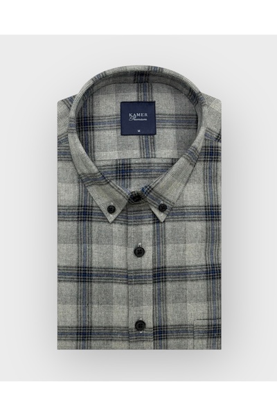 KAMER Regular Fit Winter Long Sleeve Buttoned Collar Plaid Gray Shirt 3874g