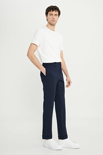 ALTINYILDIZ CLASSICS Ανδρικό παντελόνι σε μπλε ναυτικό βαμβακερό εφαρμοστό με λεπτή εφαρμογή, δεμένη μέση, ελαστικό παντελόνι με πλαϊνές τσέπες