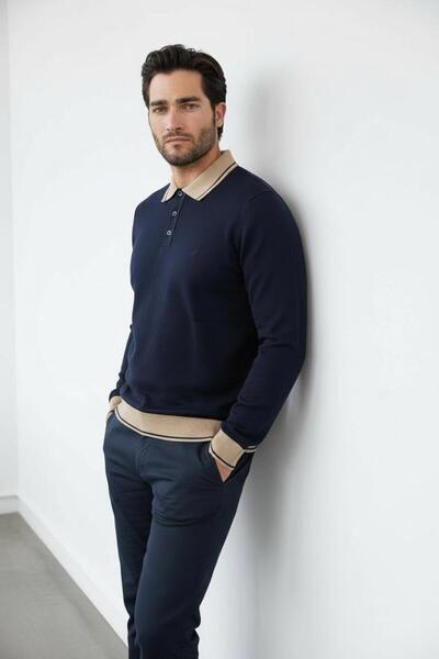 Sarar Πουλόβερ πλεκτό με γιακά πόλο σε συνδυασμό με μπλε ναυτικό χρώμα