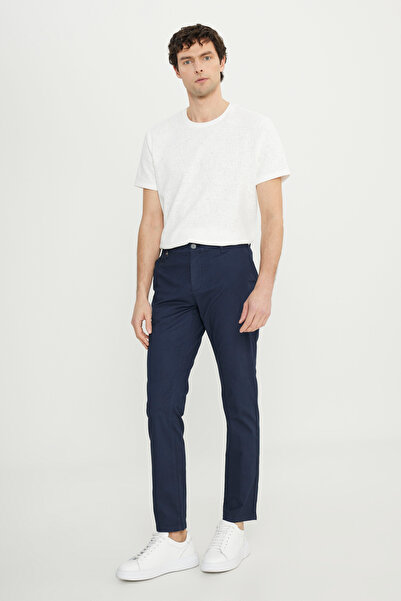 ALTINYILDIZ CLASSICS Men's Navy Blue Cotton Slim Fit Slim Fit Side Pocket Dobby Stretch Casual Trousers