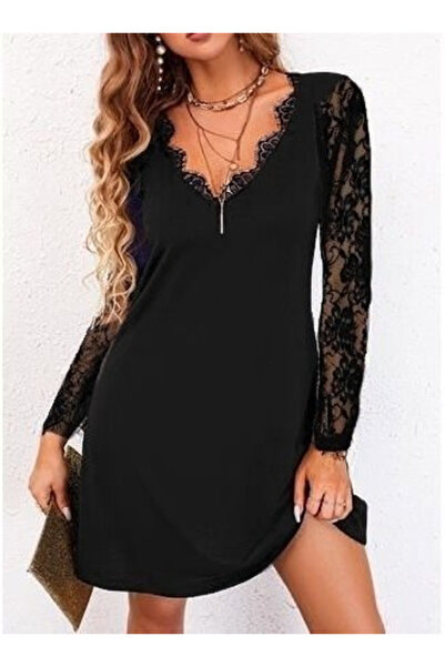 JANES Women's Long Sleeve Collar And Sleeve Lace Detail Sandy Mini Length Dress