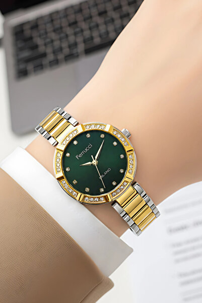 Ferrucci Steel Cord Steel Case Women Wristwatch, Bracelet Gift Silver-Gold-Green Zmfer202