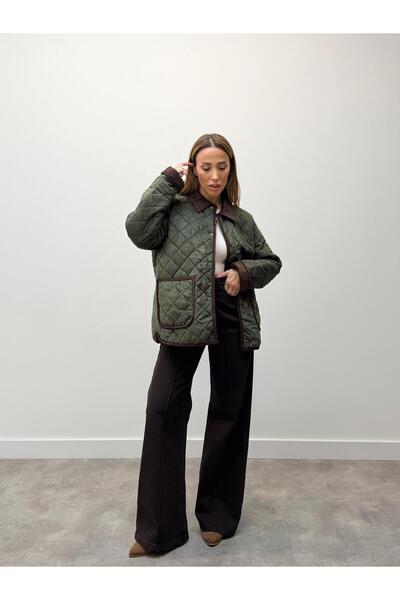 Maldia Shop Women's Vera Velvet Collar Khaki Quilted Coat