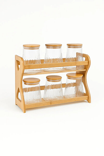 Urbanza 6 Glass Storage Jars Set with Bamboo Lids & Wooden Spice Rack – Kitchen Organizer