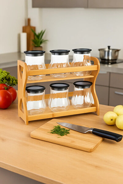 Urbanza 6 Glass Jars with Black Lids & Wooden Rack – Kitchen Spice Storage Organizer Set