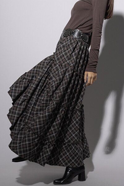 Olcay Ruffled Plaid Skirt with Flounces Brown 7067